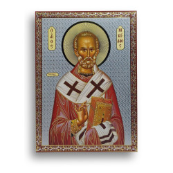 Ikona svatého Mikuláše z Myry, stříbrný tisk na dřevě (ruský styl)