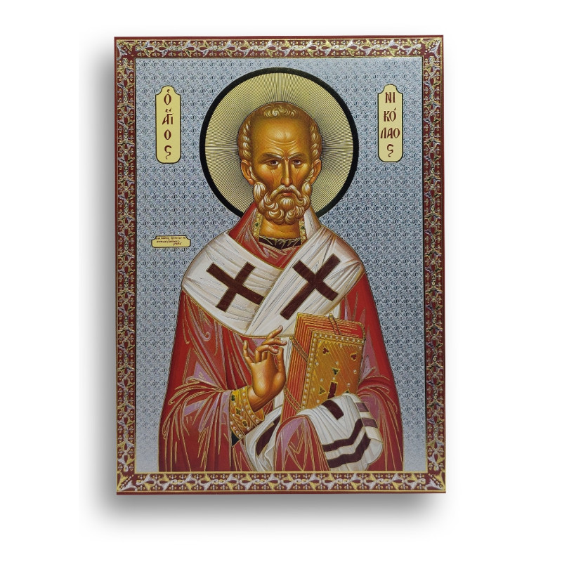 Ikona svatého Mikuláše z Myry, stříbrný tisk na dřevě (ruský styl)