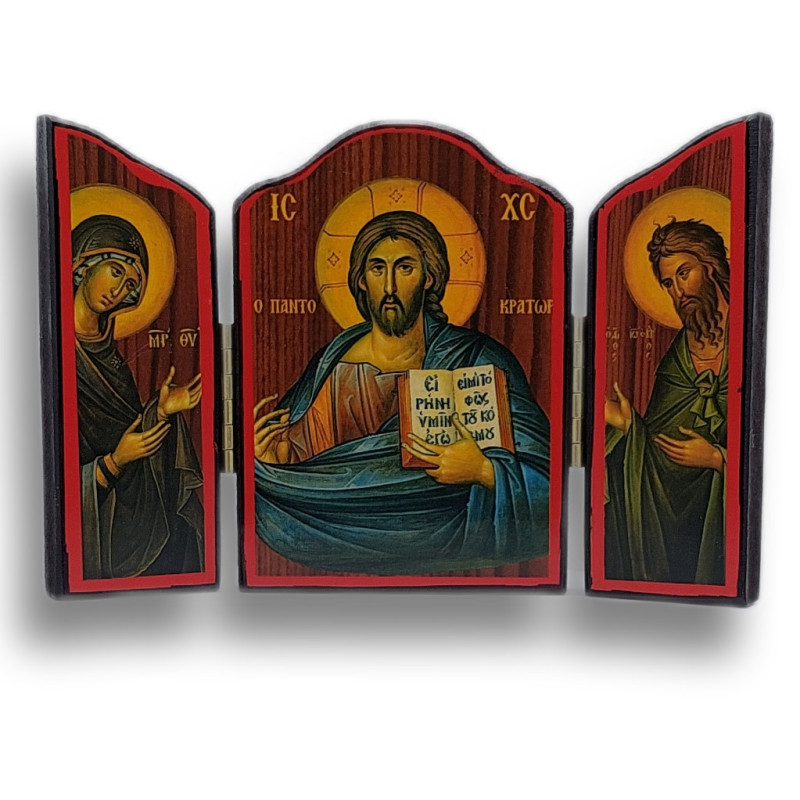 Dřevěný Triptych "Kristus Vševládce" s Ikonou Zvěstování, sv. Jana Křtitele a Panny Marie