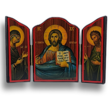 Dřevěný Triptych "Kristus Vševládce" s Ikonou Zvěstování, sv. Jana Křtitele a Panny Marie