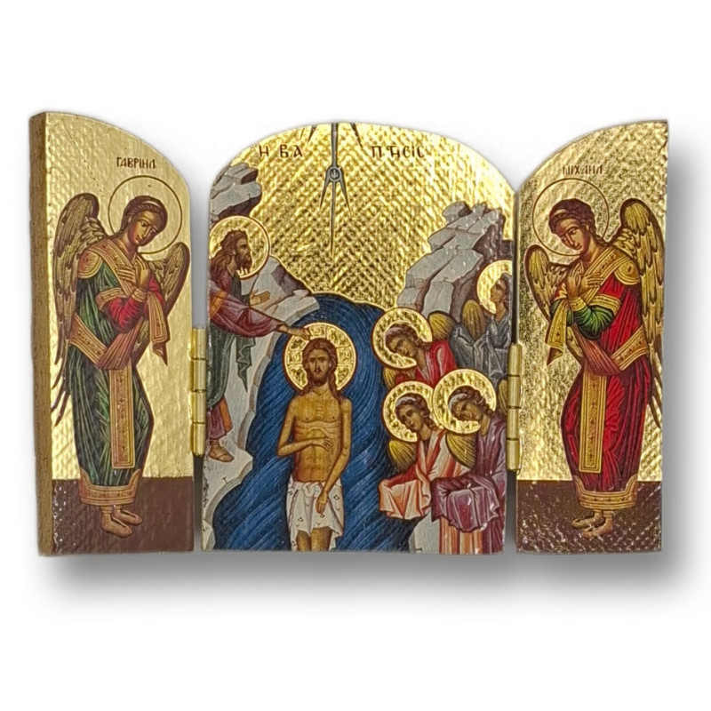 Pozlacený řecký triptych - Křest Krista, 10 x 7 cm