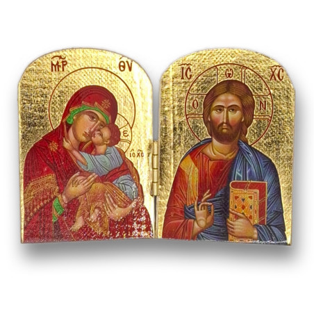 Pozlacený řecký diptych - Matka Boží a Kristus Pantokrator, 10 x 7 cm