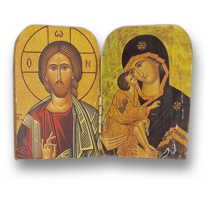 Řecký dřevěný diptych - Matka Boží a Kristus Pantokrator, 10 x 7 cm