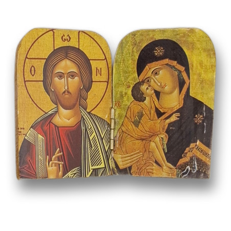 Řecký dřevěný diptych - Matka Boží a Kristus Pantokrator, 10 x 7 cm