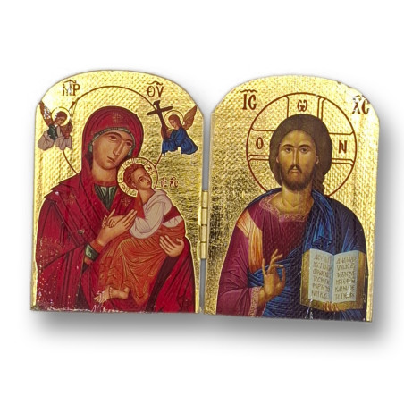 Pozlacený řecký diptych - Matka Boží a Kristus Pantokrator, 10 x 7 cm