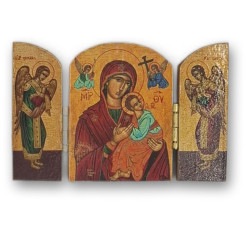 Řecký dřevěný triptych - Matka Boží a andělé, 7,5 x 5 cm