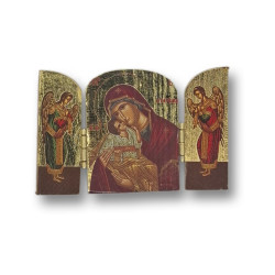 Pozlacený řecký triptych - Matka Boží Eleousa s archanděly, 7,5 x 5 cm