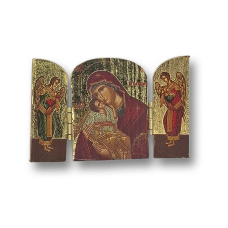 Pozlacený řecký triptych - Matka Boží Eleousa s archanděly, 7,5 x 5 cm
