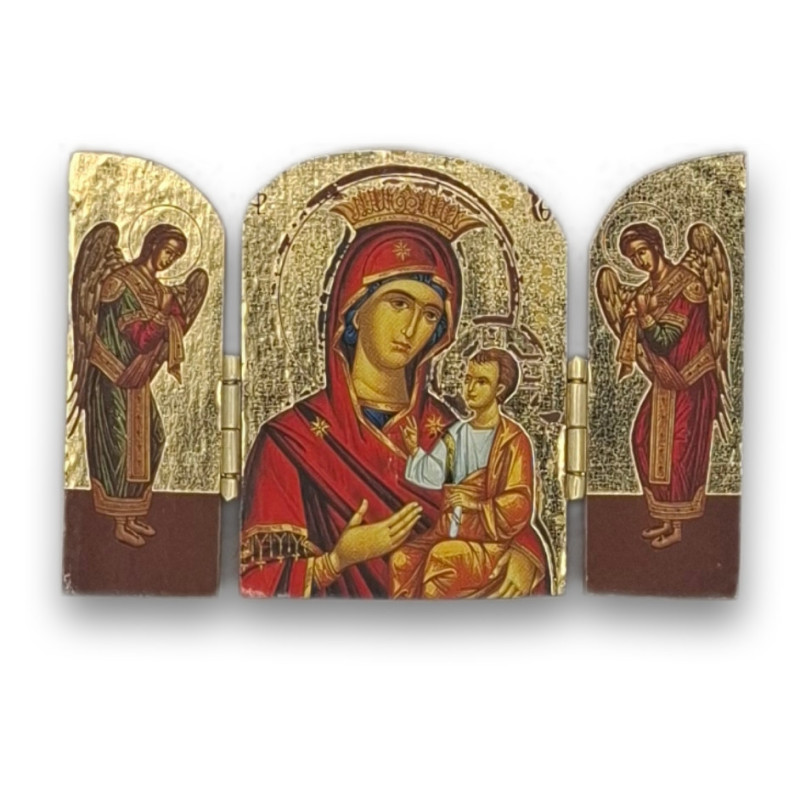 Pozlacený řecký triptych - Matka Boží Hodegetria s archanděly Michaelem a Gabrielem, 7,5 x 5 cm