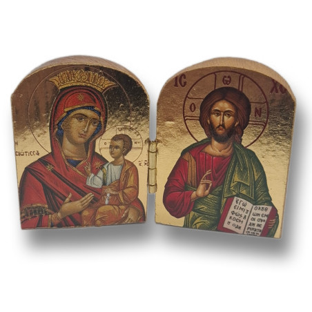 Pozlacený řecký diptych - Matka Boží Hodegetria a Kristus Pantokrator, 7,5 x 5 cm