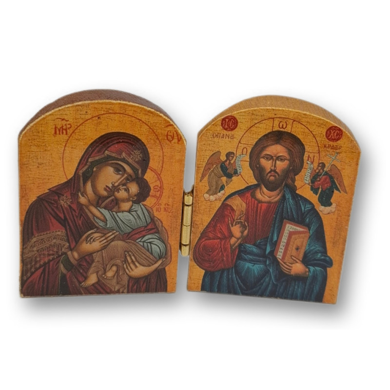 Tradiční řecký diptych - Bohorodička s dítětem a Kristus obklopený anděly, 7,5 x 5 cm