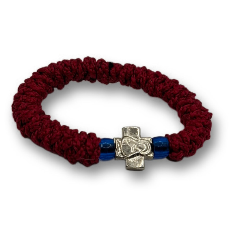 Ortodoxní modlitební náramek - Elastický, vínový se saténem a křížkem