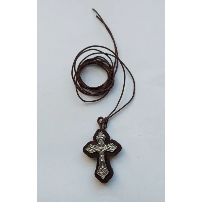 Dřevěný kříž Ducha Svatého na hnědé šňůrce