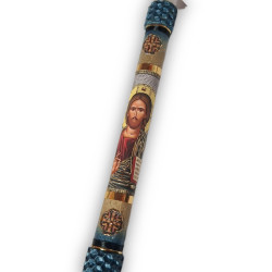 Svíce s ikonou Krista Pantokratora – modrozlatý akcent a hluboký duchovní výraz