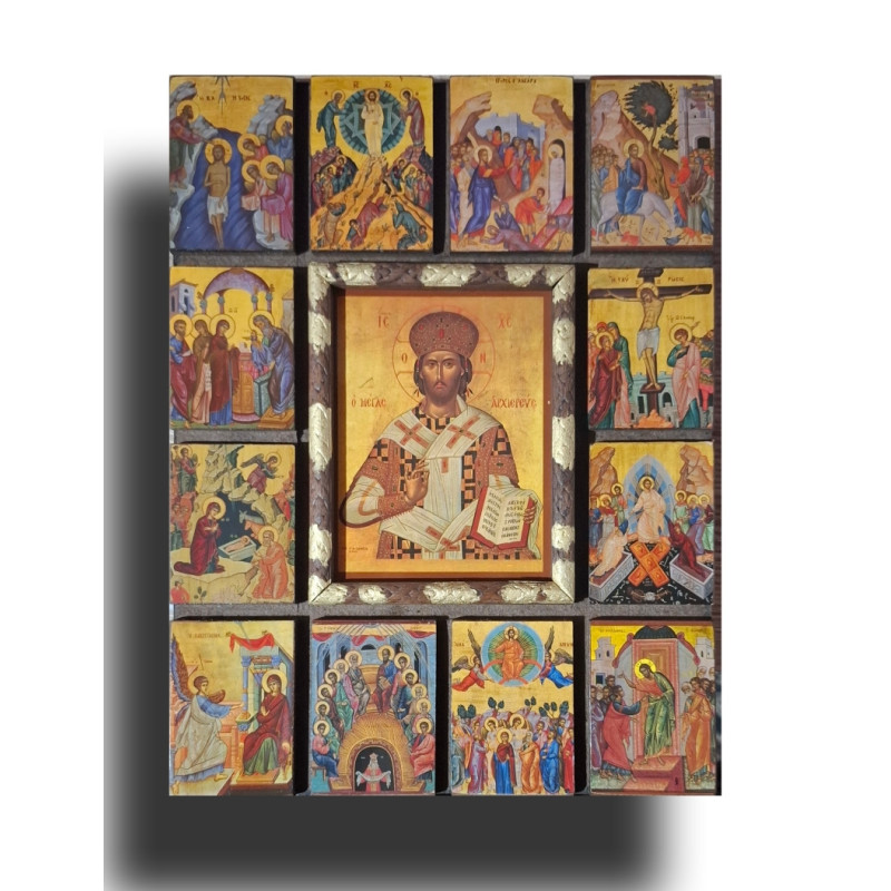 Kristus Velekněz se scénami ze života – byzantská ikona