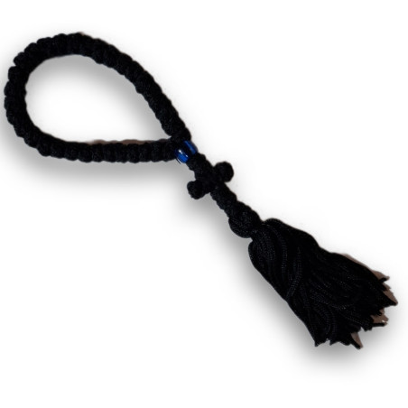 Čotky – 33 uzlů, 18 cm, bavlněná příze, modrý korálek – Ručně pletený modlitební provaz