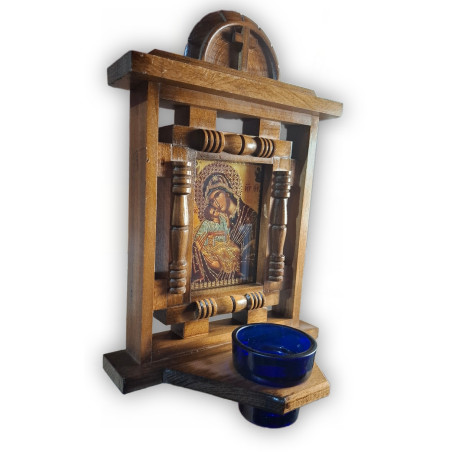 Dřevěná ikona Panny Marie s olejovým skleněným pohárkem