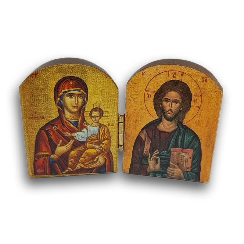 Dřevěný řecký diptych s ikonami Krista Pantokratora a Panny Marie s Dítětem