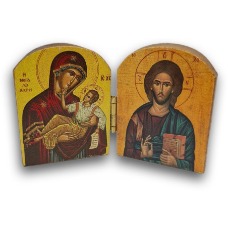 Dřevěný řecký diptych – Kristus Pantokrator a Panna Maria „Velké Milosti“ (Panagia Megalócharis)