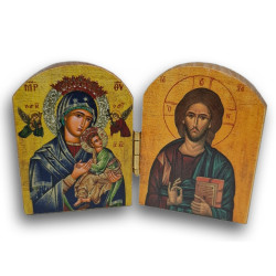 Dřevěný řecký diptych – Kristus Pantokrator a Panna Maria Ustavičné Pomoci s korunou