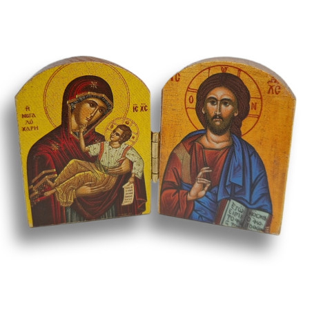 Dřevěný řecký diptych – Kristus Pantokrator a Panna Maria „Velké Milosti“ (Panagia Megalócharis)