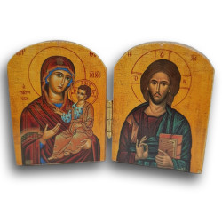 Dřevěný řecký diptych – Kristus Pantokrator a Panna Maria „Tvá Matka“ (Η ΜΗΤΗΡ ΣΟΥ)