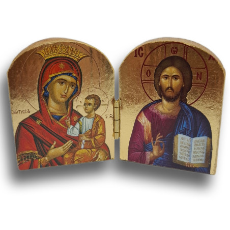 Dřevěný řecký diptych – Kristus Pantokrator a Panna Maria s korunkou (Vládnoucí Matka)