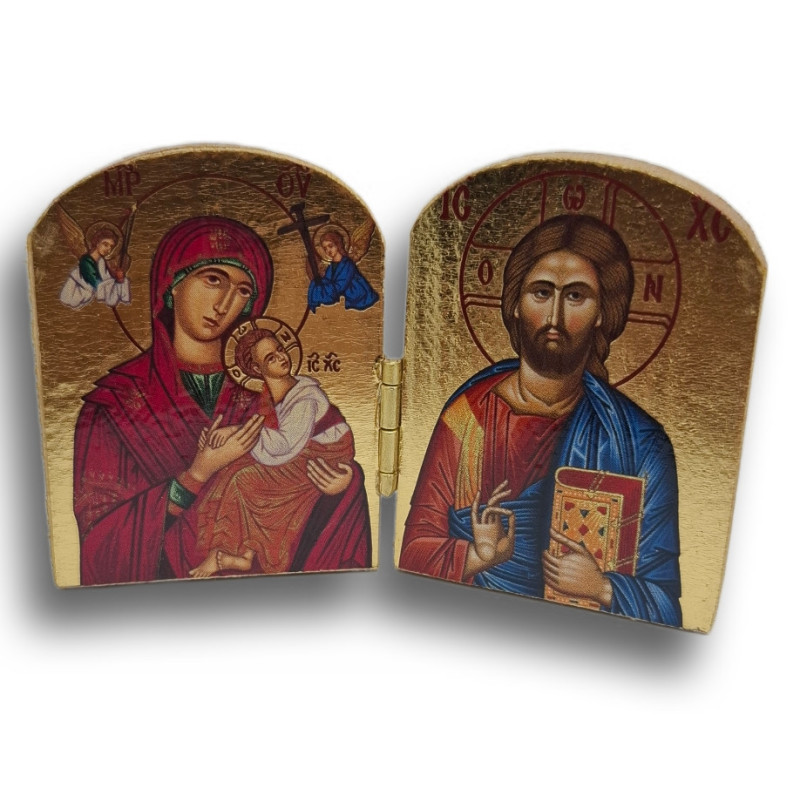 Dřevěný řecký diptych – Kristus Pantokrator a Panna Maria Ustavičné Pomoci ve zlatě