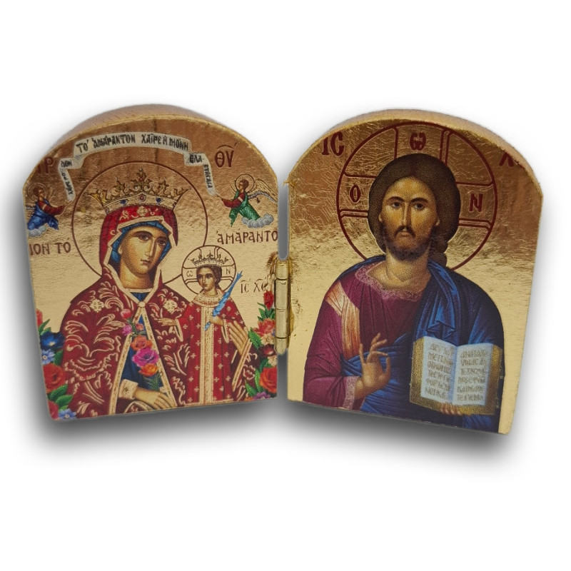 Dřevěný řecký diptych – Kristus Pantokrator a Panna Maria „Neuvadlá Květina“