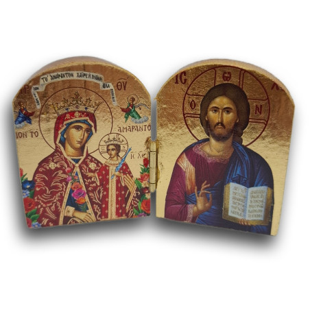 Dřevěný řecký diptych – Kristus Pantokrator a Panna Maria „Neuvadlá Květina“