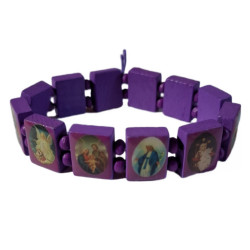 Fialový dřevěný náramek s katolickými motivy svatých – elastický