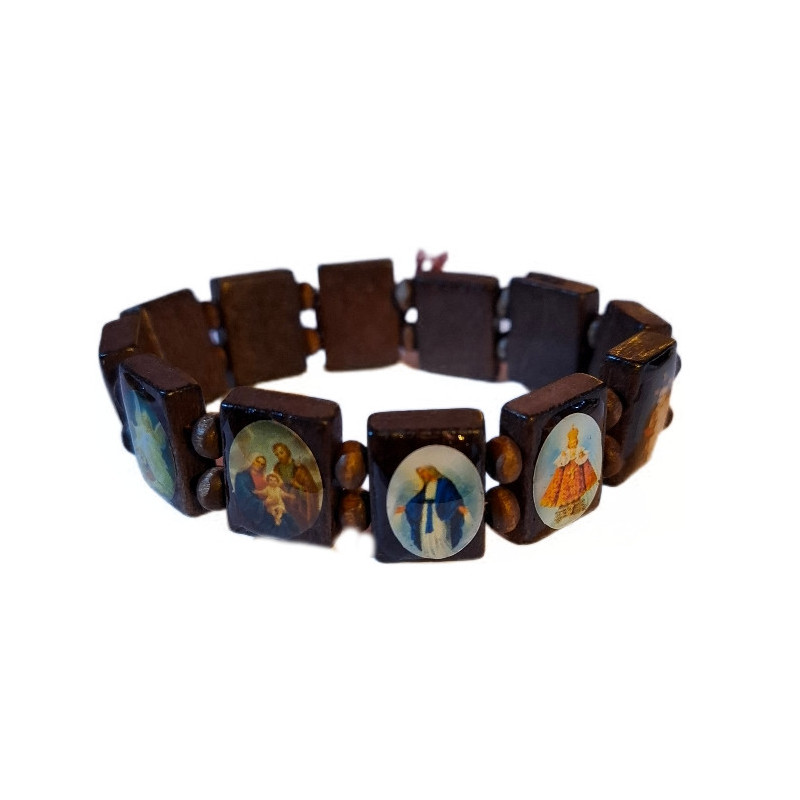 Hnědý dřevěný náramek s katolickými motivy svatých – elastický