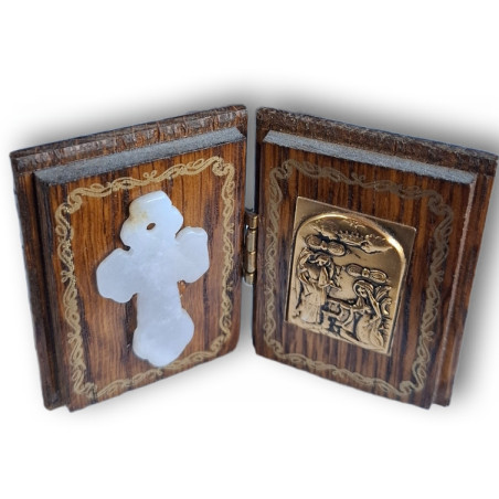 Diptych – Ortodoxní tradiční amulet se Zvěstováním a mramorovým křížem (4 × 5 cm)