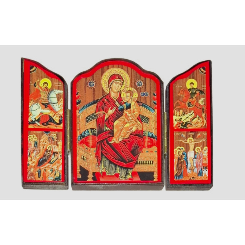 Dřevěný triptych – Bohorodice s Kristem na trůnu