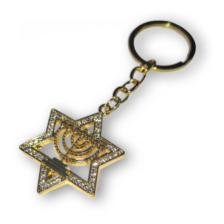Duchovní klíčenka s Davidovou pozlacenou hvězdou a světlem menory