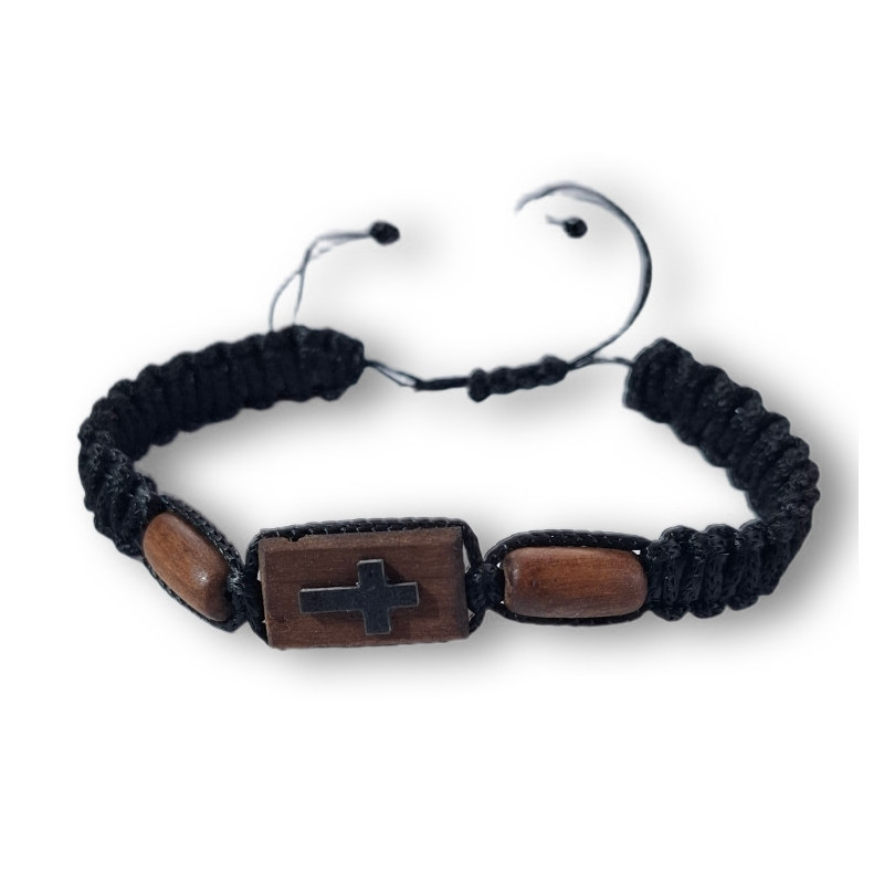 Řecký pravoslavný modlitební náramek s dřevěným křížem – ručně pletený, nastavitelný