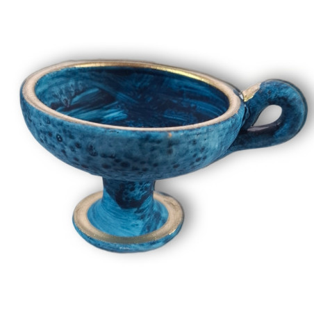 Ručně vyráběná řecká keramická kadidelnice – modrá glazura se zlatým lemem, 9 × 7 cm