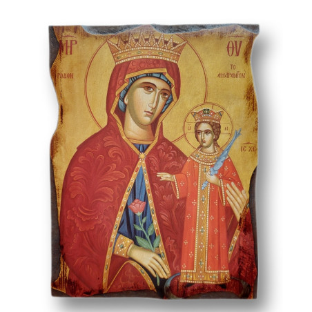 Ikona Panna Marie Růže Nevadnoucí s vyřezávaným rámem