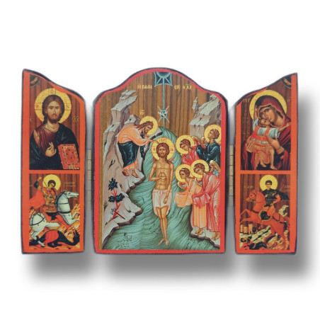 Triptych: Křest Páně s ikonami Krista Vševládce, sv. Jiří, Panny Marie a sv. Demetria