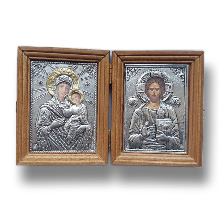 Diptych dřevěný s kovovými ikonami Krista a Panny Marie